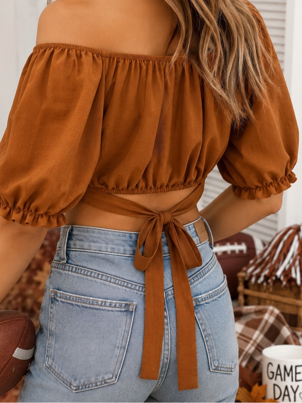Rust Puff Sleeve Crop Blouse Tie Front Game Day Fall Cottagecore Top